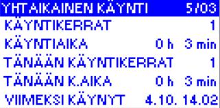 3.5 Tietojen selaus Valikossa voidaan tutkia yksikön laskemia ja mittaamia tietoja. Pumppu 1 ja 2 tiedot Pumpun käyntikerrat, kumulatiivinen Pumpun käyntikertojen kumulatiivinen laskuri.