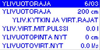 Tehdasasetus: 160 cm Pinnanmittauksen ylärajahälytyksen aktivoitumisraja. Ylärajahälytyksen OK-raja Valittavissa: 0-9999 cm Tehdasasetus: 150 cm Pinnanmittauksen ylärajahälytyksen poistumisraja.