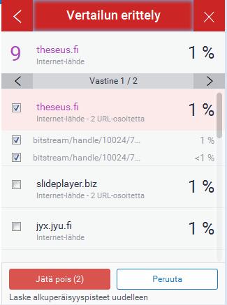 Seuraavaksi avautuu vastinelista ja yksittäisiä lähteitä voidaan valita suodatettavaksi (kuva alla).