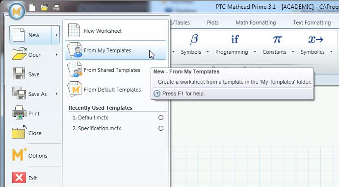 Dokumenttipohja Oletusarvoisesti dokumenttipohjana käytetään Default.mctx C:\Program Files\PTC\Mathcad Prime 4.