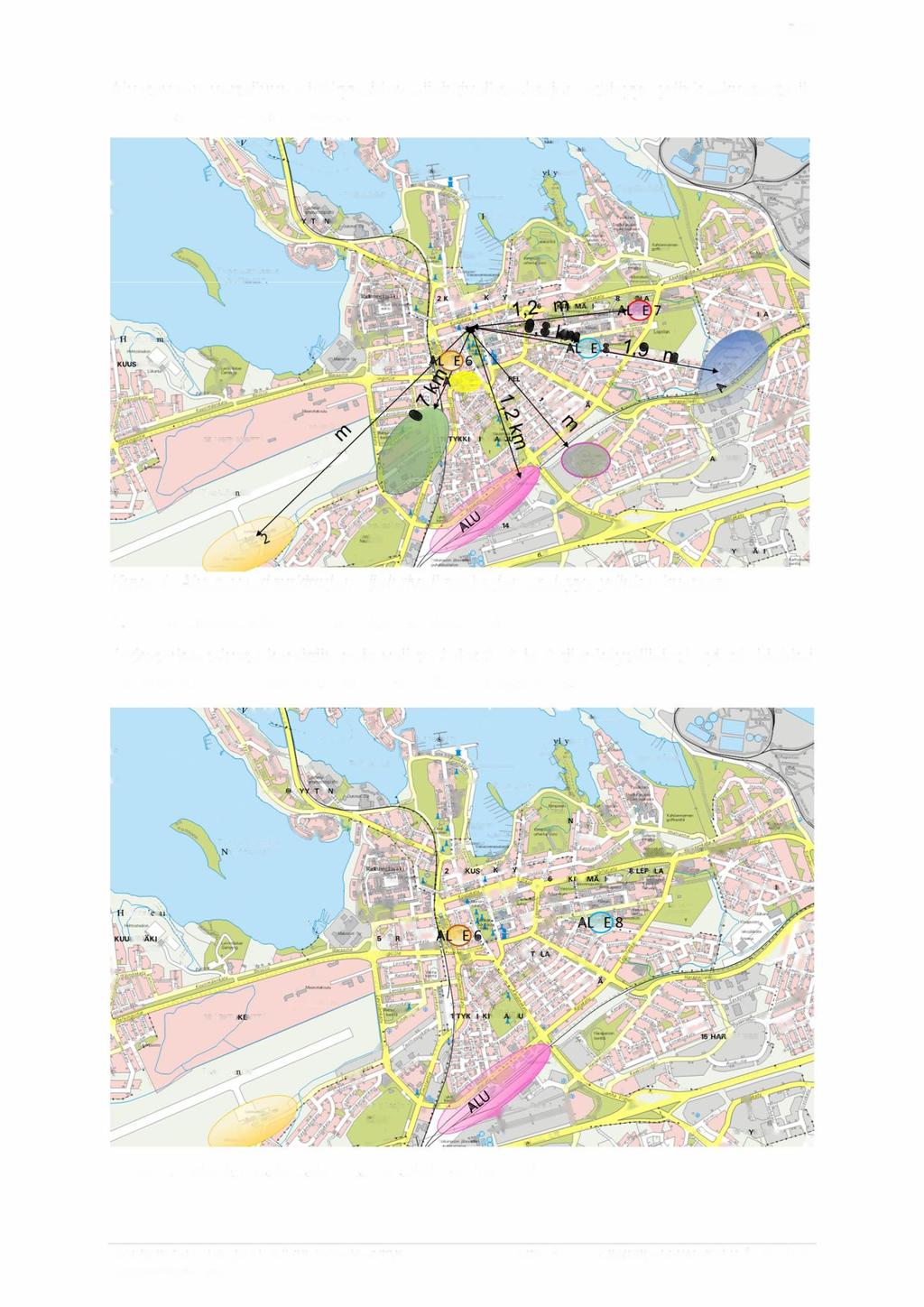 5/28 Alustavaan vertailuun sisältyneiden sijaintivaihtoehtojen etäisyys