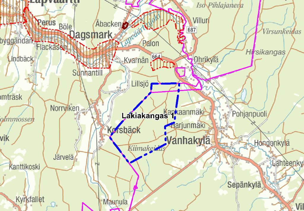 FCG SUUNNITTELU JA TEKNIIKKA OY Kaavaselostus 12 (63) Kuva 7. Lakiakankaan tuulivoimapuiston pohjoispuolella on Kristiinankaupungin rantaosayleiskaavaan kuuluvia alueen osia.