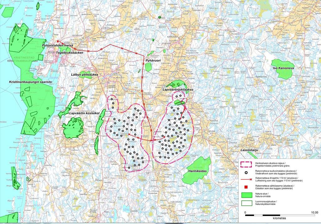 FCG SUUNNITTELU JA TEKNIIKKA OY Kaavaselostus 17 (63) Kuva 12. Hankealueiden (YVA) ympäristöön sijoittuvat Natura-alueet ja luonnonsuojelualueet.