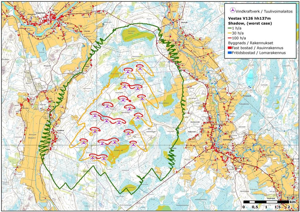 FCG SUUNNITTELU JA TEKNIIKKA OY Kaavaselostus 58 (63) Kuva 353. Lakiakangas 1 varjostusmallinnus maksimituntien mukaan (worst case). 10.