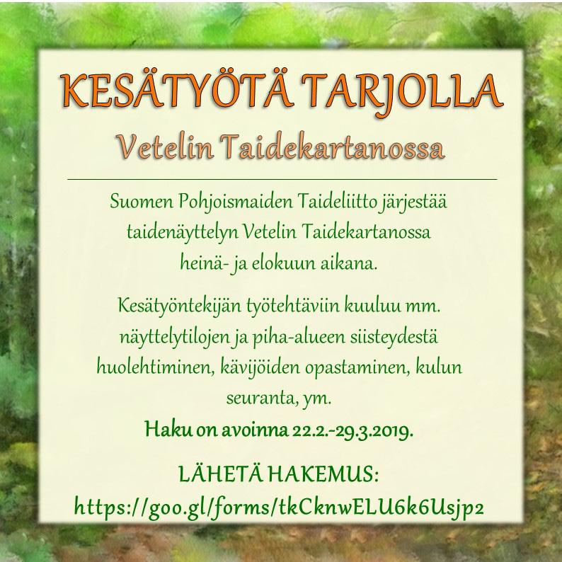 Kesätyotuki 2019 Vetelin kunta on varannut kesälle 2019 nuorten työllistämiseen yhteensä 4 400. Kesätyötuen tavoitteena on kannustaa nuoria työllistymään kotikuntaan. Tukea myönnetään 200 euroa/nuori.