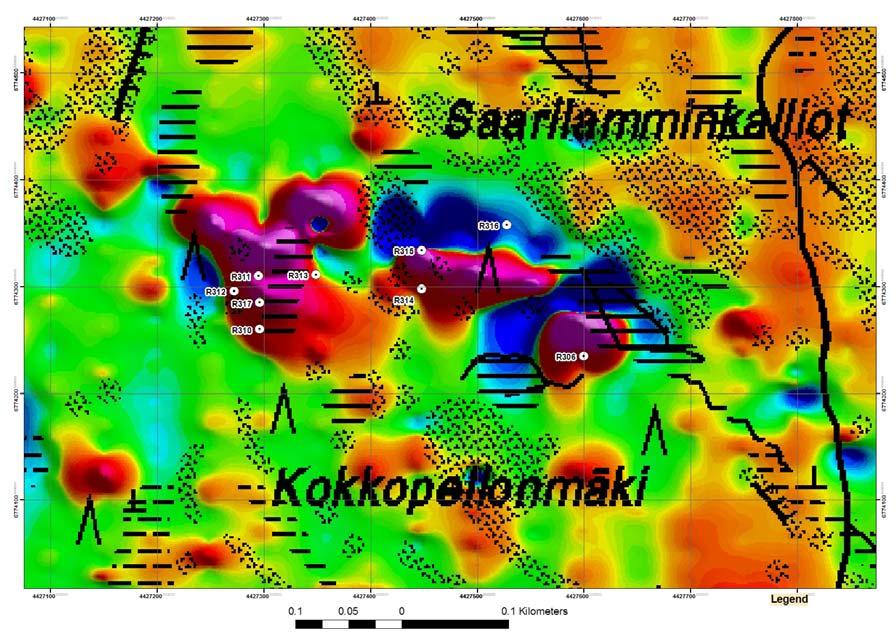 Ylätunnisteen tekstirivi 1 14 Ylätunnisteen tekstirivi 2 Kuva 14. Kairanreikien R308 ja R309 sijainti, Ni- ja Cu-pitoisuudet. Kairaussuunnat R308 360/45, R309 360/70. 2.3.4 Kokkopellonmäen gabro Toinen tutkittu mineralisoitunut gabro sijaitsee edellisestä noin 0.