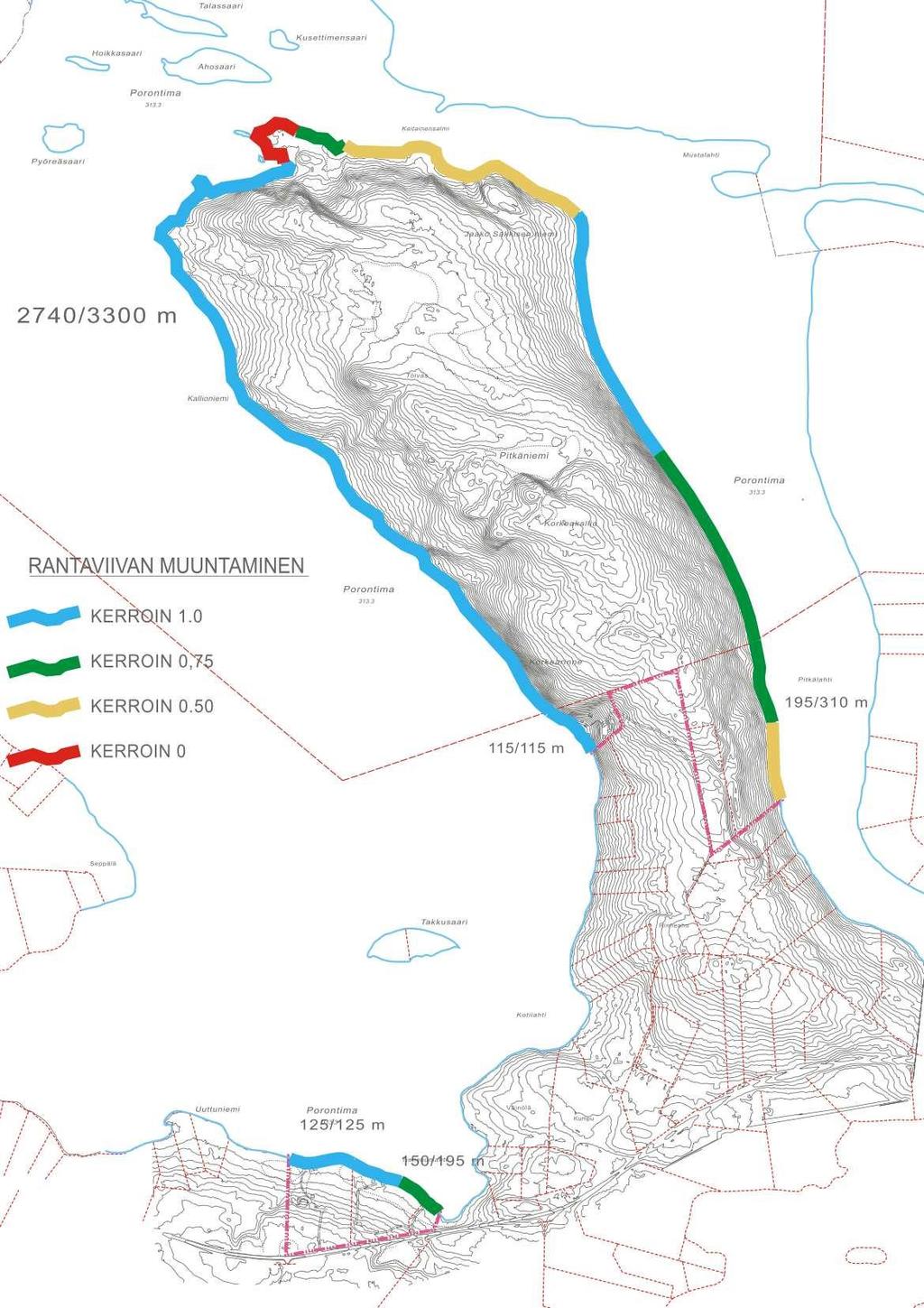 PORONTIMAN RANTA-ASEMAKAAVA 35 Metsähallituksen omistaman kiinteistön 305-893-10-1 rantaviivan pituus on muuntamattomana 3300 m ja