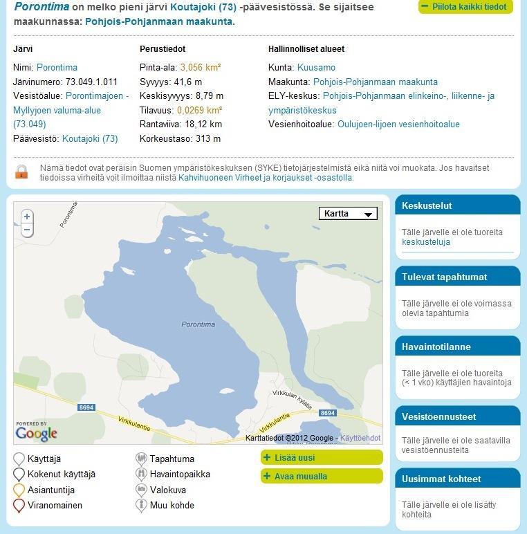 PORONTIMAN RANTA-ASEMAKAAVA 8 Kuva 5 Järviwikin tiedot Porontimasta Korkeuserot vaihtelevat alueella kohtuullisen paljon; Porontima on n. 313.