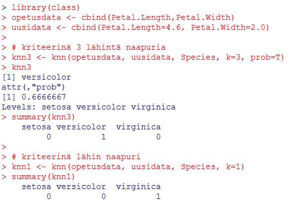 K:n lähimmän naapurin menetelmä voidaan suorittaa R:llä esimerkiksi