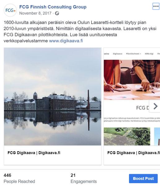 18 (28) Lisäksi Digikaavoitus-hankkeesta on kerrottu FCG.fi-verkkosivustolla Digikaavoitus-sivulla sekä uutisoitu hankkeesta useita kertoja hankkeen aikana.