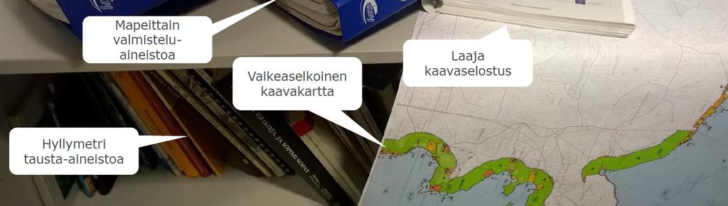 Virallista Maankäyttö ja rakennuslain mukaista kaavoitusmateriaalia säilötään joko paperimuodossa tai parhaimmillaankin vain määräykset ja karttamerkinnät ovat digitoituna tietojärjestelmään.