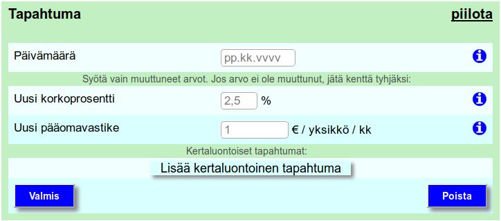 Luodaan uusi tapahtuma painamalla Lisää tapahtuma -painiketta, jolloin ruudulle ilmestyvä tyhjä tapahtumalomake näyttää tältä: Lainaosuussuoritus on