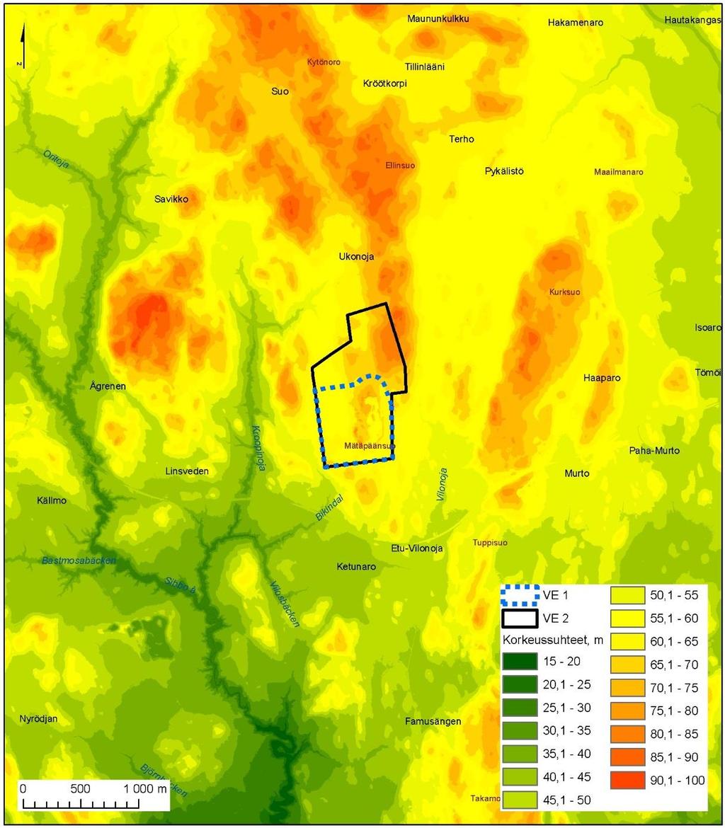 Ympäristövaikutusten arviointiohjelma 45 Kuva 5-11. Topografiakartta. Figur 5-11. Topografikarta. 5.3.2 Pohja- ja pintavedet Hankealue ei sijaitse ympäristöhallinnon luokittelemalla pohjavesialueella.