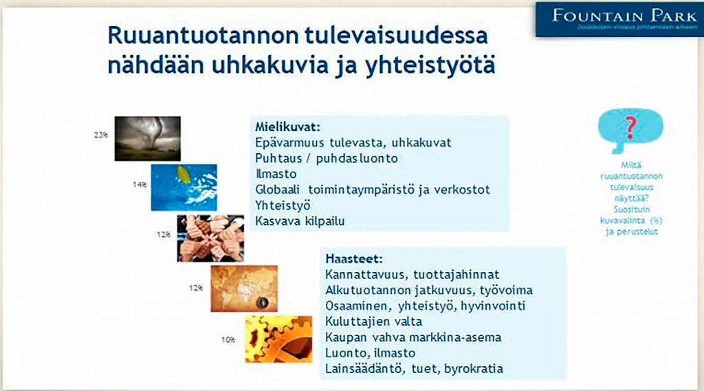 UUSI ALKU MAATALOUS ON MYÖS TULEVAISUUDEN ELINKEINO Tulonjaon lisäksi uhkakuvina tuotiin esiin laajalti ilmastoon ja kestävään toimintatapaan liittyviä asioita sekä esimerkiksi työvoiman,