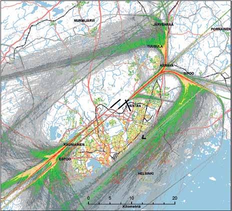 6. ilmatilan hallinta ja lentoreitit 6.5 Lentoreittien esittäminen tiheyskarttoina Lentoreittien toteumaa kuvaavat parhaiten ns.