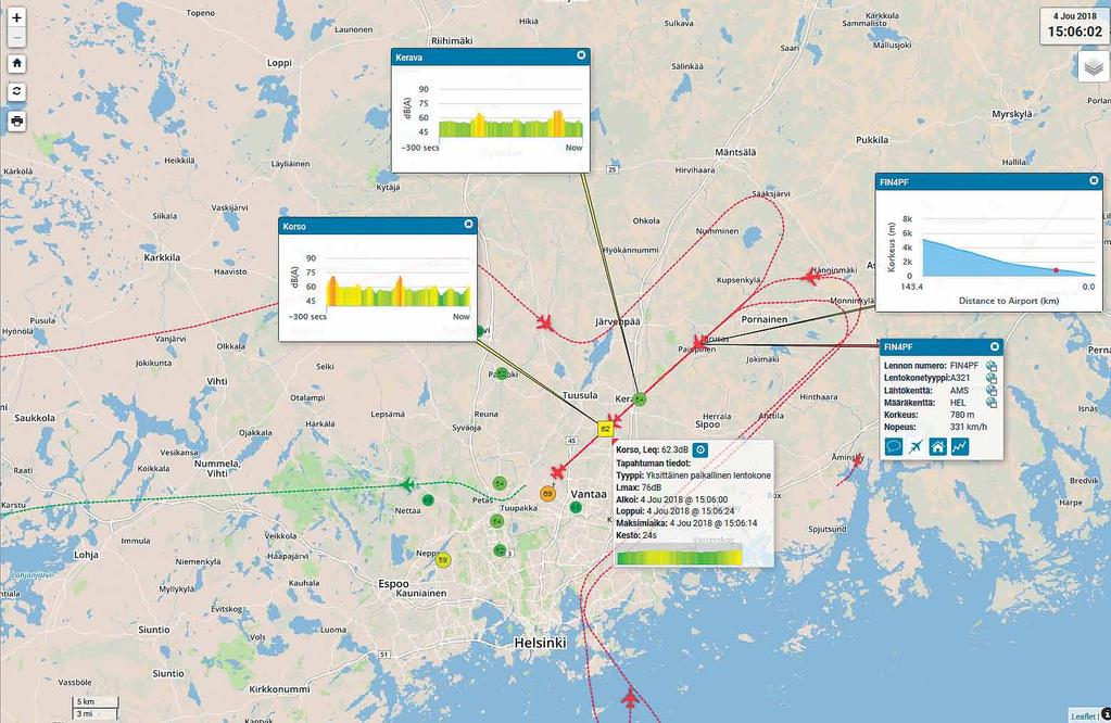 11. LENTOKONEMELUTILANTEEN SEURANTA 10 Kuva 38. Kiinteät melumittausasemat Helsinki-Vantaan ympäristössä. konemelutapahtumia ANOMS:n tutka- ja melumittausdataan perustuvalla järjestelmällä.