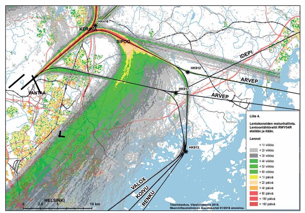 LIITE 4: LENTOKONEIDEN MELUNHALLINTA Lentoonlähtöreitit, 04R etelään ja itään ARVEP, IDEPI, KOIVU, RENKU, VALOX potkuri- ja potkuriturbiinikoneille: Nämä reitit on sallittu vain potkuri- ja