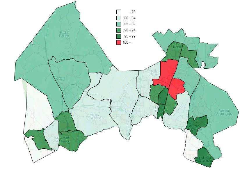 Kartta 5. Lääkekorvausoikeusindeksi Vantaan osa-alueilla vuonna 2017 11 Kartta 6. Kansantauti-indeksi Vantaan osa-alueilla vuonna 2017 Katsauksen laatija: Kimi Korvanen www.vantaa.