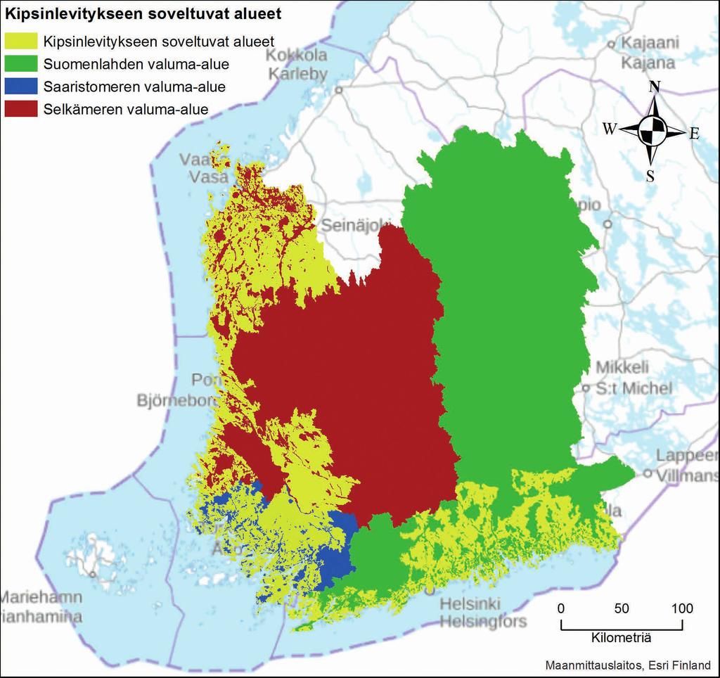 Laajamittainen vesiensuojelukäyttö Suomessa MISSÄ KIPSIÄ VOI KÄYTTÄÄ? Kipsi soveltuu hyvin erityisesti savimaiden fosforihuuhtouman vähentämiseen. Menetelmälle suositellaan alueellista kohdentamista.