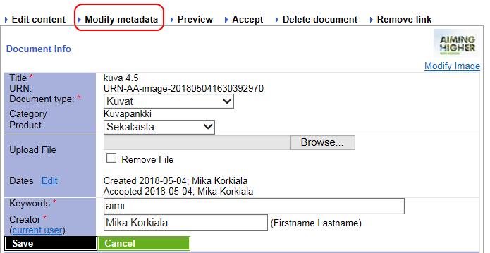 LIITE 4/36 Jos haluat muokata kuvan tietoja toimi seuraavasti: 1. Klikkaa document info näkymästä Modify metadata painiketta. 2. Muuta tiedot. 3. Lopuksi tallenna muutokset klikkaamalla Save.