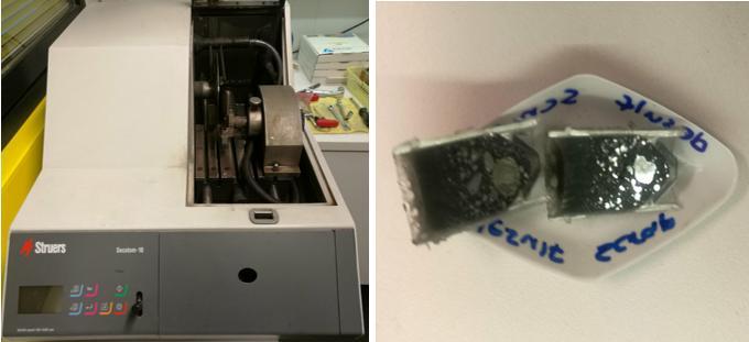 60 Figure 23 Tabletop cut-off machine, Struers Secom-50 and vertically cut sample v-vial. Later, each cut vial was placed in the 2-pieces mold with the horizontal surface facing upward.
