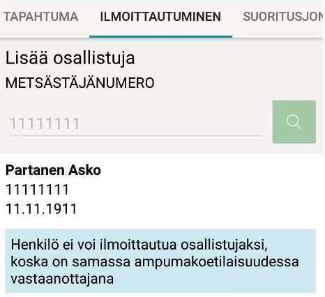 Ampumakokeen vastaanottaja ei voi