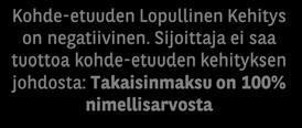 191% nimellisarvosta +65% 1 2 3 4 5 Vuotta Neutraali takaisinmaksuesimerkki Kohde-etuuden Lopullinen Kehitys on obligaation erääntyessä positiivinen. Kohde-etuuden Lopullinen Kehitys on +8,57%.