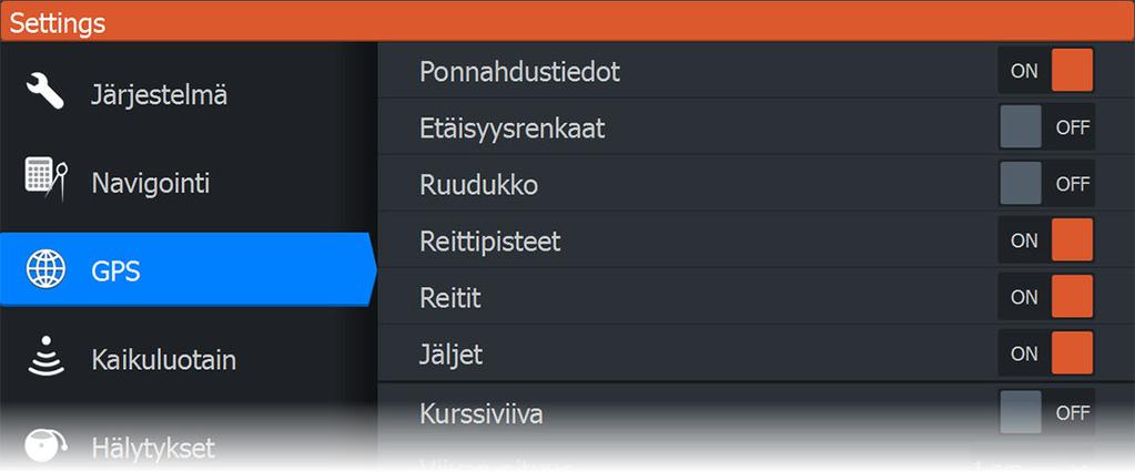 GPS-plotterin asetukset Ponnahdustiedot Tässä kohdassa valitaan, näkyvätkö paneelin kohteiden perustiedot silloin kun kohde valitaan.