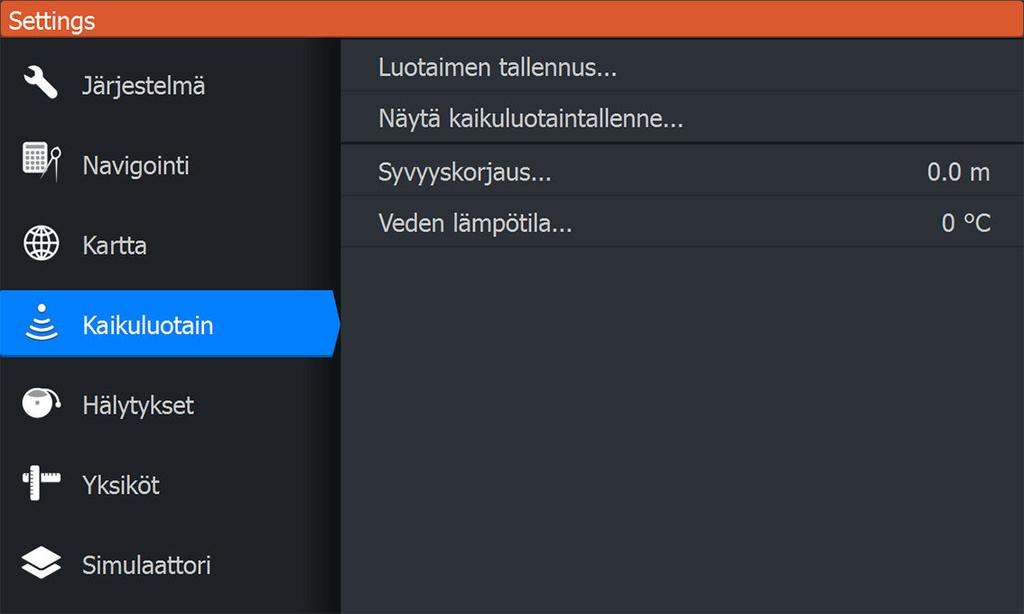 Kaikuluotaimen asetukset Log sonar (Luotainloki) Valitsemalla tämän voit käynnistää ja pysäyttää Sonar -tietojen tallennuksen.