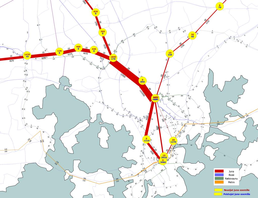 Matkojen suuntautuminen Huopalahden eteläpuolelta, AHT Pisara 1672 4835