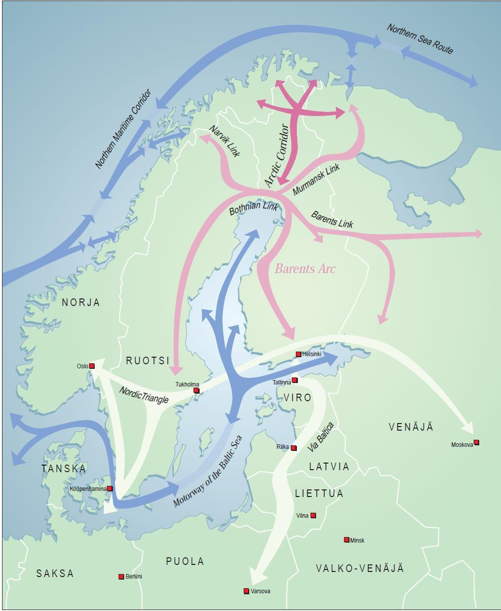 JÄÄMEREN KÄYTÄVÄ - ARCTIC CORRIDOR Kansainvälinen liikenne- ja kehityskäytävä, joka yhdistää Itämeren alueen Jäämeren syväsatamiin, öljy- ja kaasuhankkeisiin sekä