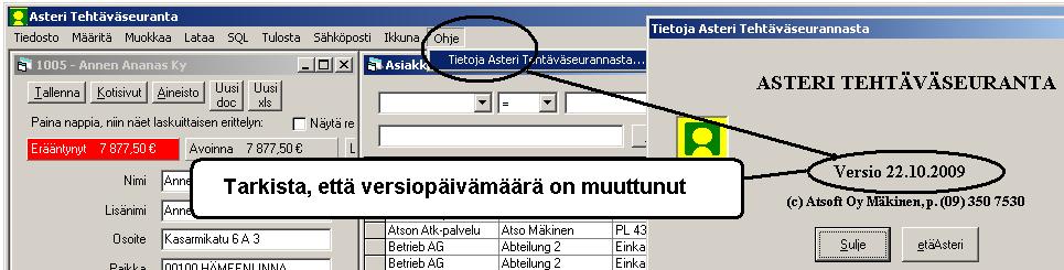 Kun päivitys on asentunut, käynnistä ohjelma ja valitse Ohje Tietoja Asteri Tehtäväseurannasta. Tarkista, että päivämäärä on 24.9.