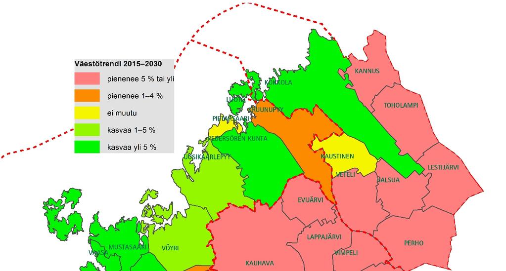 Tilastokeskuksen ennuste väestömäärän muutoksista vuodesta 2015 vuoteen 2030 Kaupungistumista voidaan pitää selkeänä trendinä myös Etelä-Pohjanmaan ELY-keskuksen alueella.