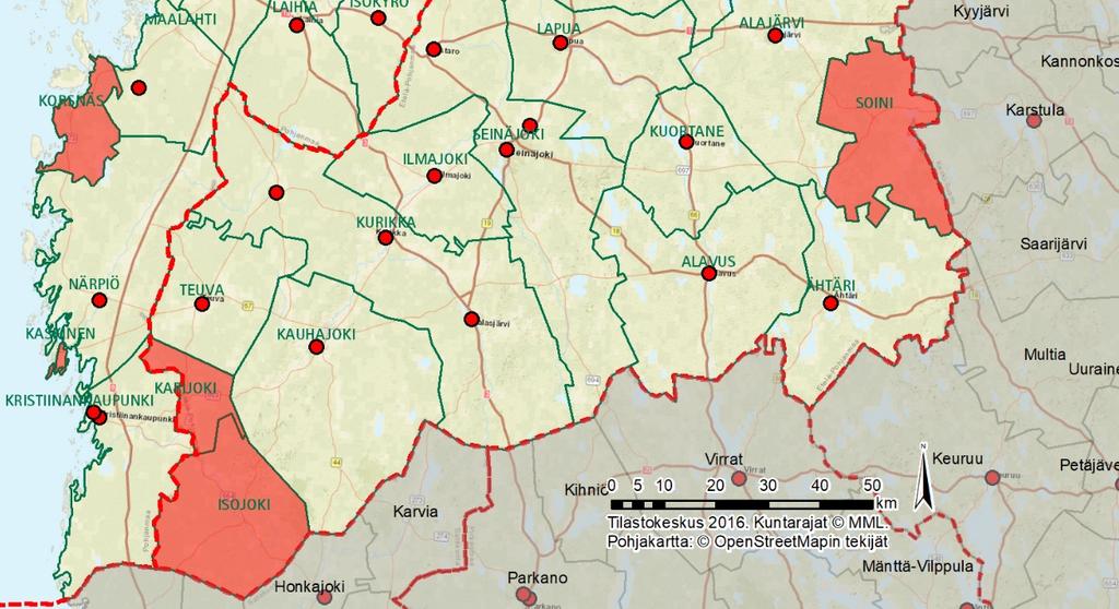 Luoto ja Soini. Nämä kunnat on merkitty alla olevaan karttaan punaisella pohjavärillä.