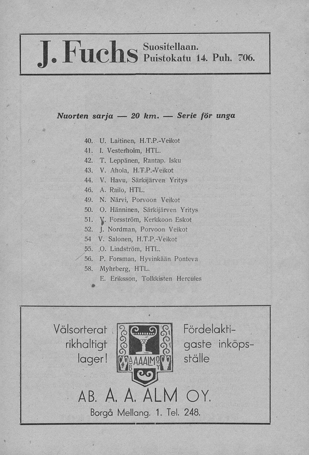 20 Serie Jlj\-«JT Suositellaan. ULCIIIS Puistokatu 14. Puh. 706, Nuorten sarja km. för unga 40. U. Laitinem, H.T.P.-Veiikot 41. [. VesteAolm, HTL. 42. T. Leppänen, Ramtap. Isku 43. V. Ahola, H.T.P.^Veiikot 44.