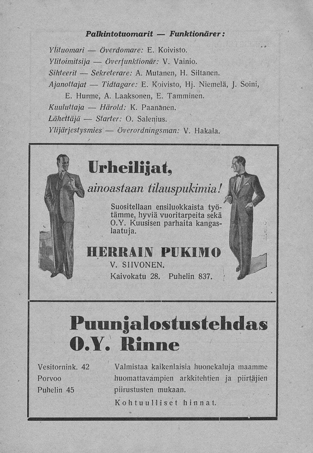 Sekreterare: Starter: Överdomare: Överfunfcfionär: Tidtagare: Harold: överordningsman: Palkintotuomarit Funktionärer: Ylituomari E. Koivisto. Ylitoimitsija V. Vainio. Sihteerit A. Mutanen, H.