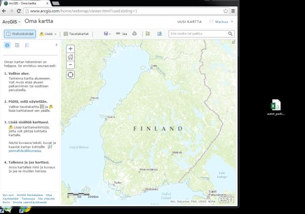 2. Valitse ylärivin valikkopalkista toiminto Kartta. ArcGis:n karttapalvelu aukeaa. Helpoiten saat siirrettyä aineistosi palveluun raahaamalla tiedoston hiirellä kartan päälle.