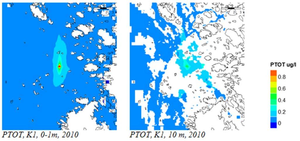 Kuva 14. Tuusinaukkoon suunnitellun laitoksen kokonaisfosforikuormituksen kulkeutuminen pinnassa ja 10 m syvällä virtaus- ja vedenlaatumallinnuksella (Lauri 2016).