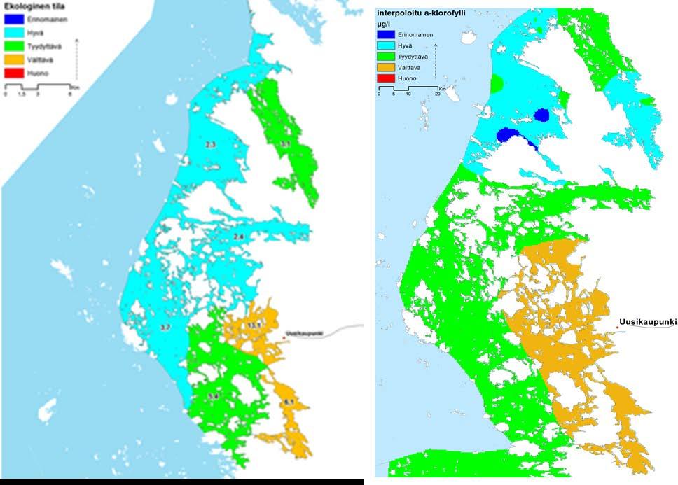 . Kuva 18. Vasemmalla sisäisen saariston vesimuodostumien ekologinen tila viimeisen luokituksen (2013) mukaan ja keskellä vesimuodostuma a-klorofyllipitoisuuden keskiarvon.