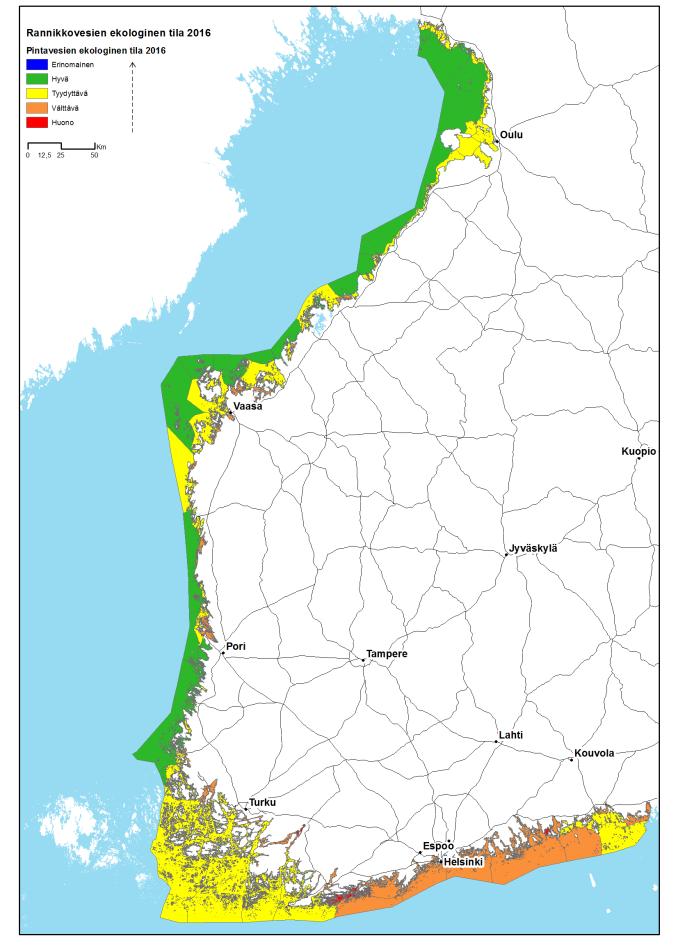 Kuva 25. Rannikkovesien ekologinen tila vuoden 2013 luokituksen mukaan. Manner-Suomen rannikolla on 215 vesimuodostumaa.