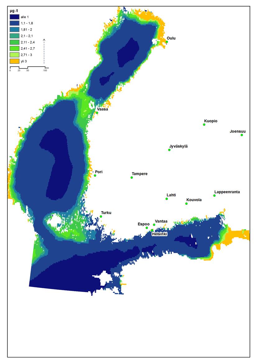 Kuva 28. A-klorofylliarvot Suomen rannikolla kaukokartoituksen mukaan 2016-2017 ajanjaksolta 1.6.- 7.9. 8.