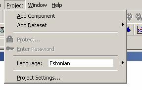Võimaldab lisada uue komponentide ploki (add component), valida keelt (Language), häälestada kalendrit (project settings).