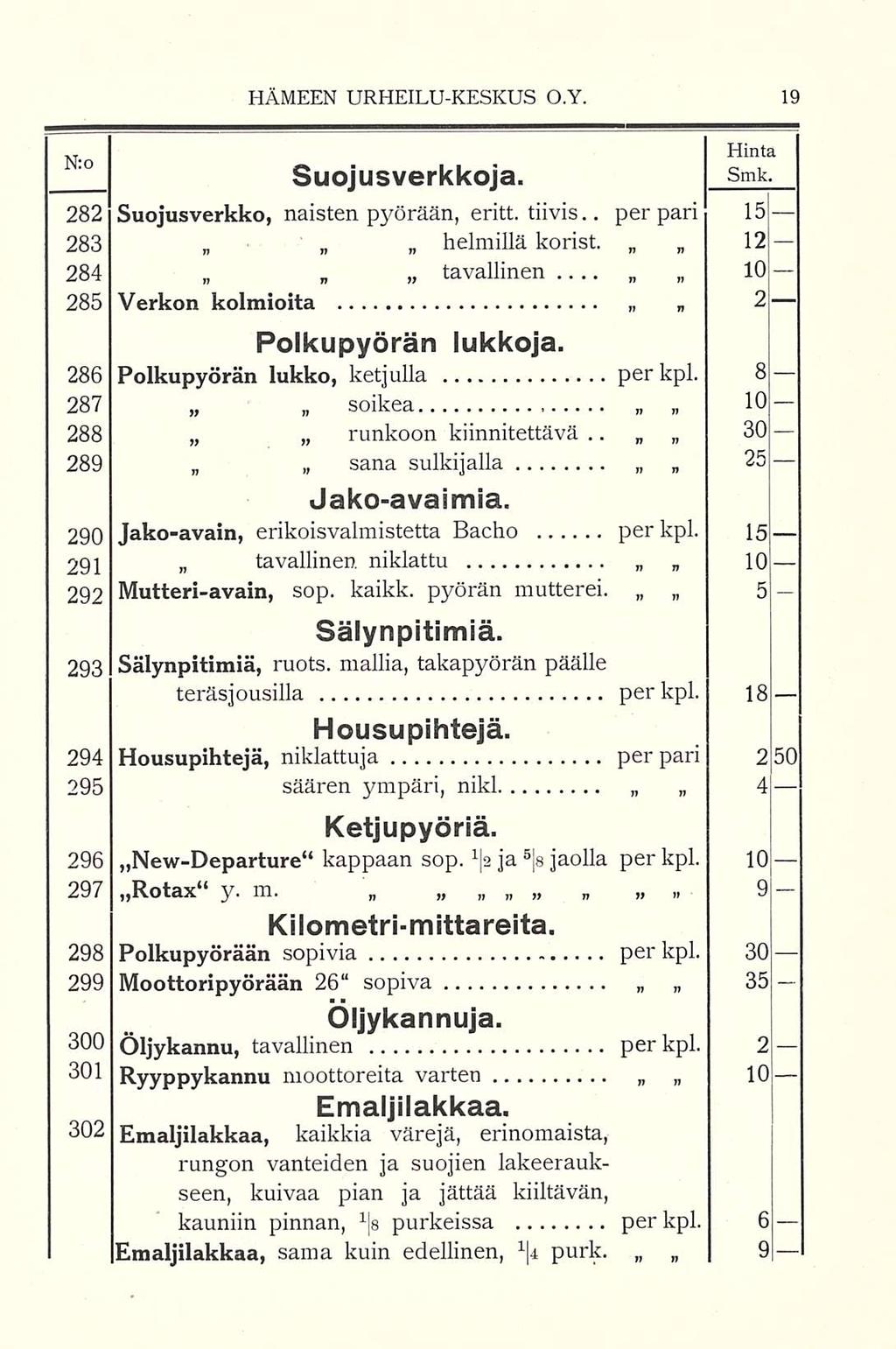 HÄMEEN URHEILUKESKUS O.Y. N'o Suojusverkkoja. Hinta Smk. 10 2 282 Suojusverkko, naisten pyörään, eritt. tiivis.. per pari 15 12 283 helmillä korist.