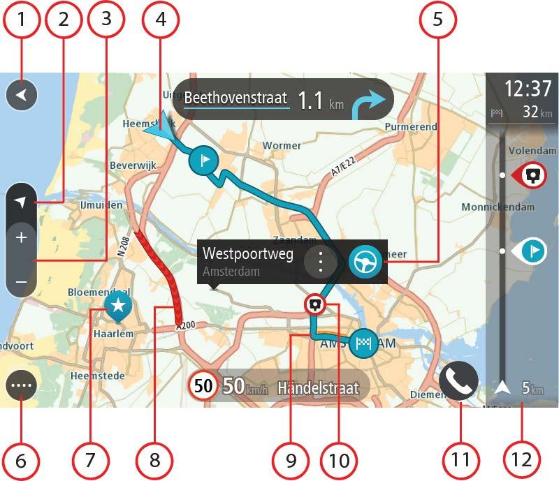 Jos olet suunnitellut reitin, se näkyy kartassa kokonaisuudessaan. Voit lisätä pysähdyksiä reitille lisäämällä niitä suoraan karttaan. Kun alat ajaa, näyttöön tulee opastusnäkymä. 1. Paluupainike.