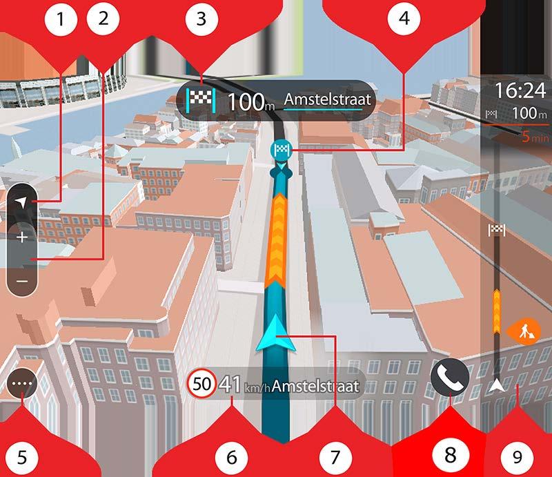 Vihje: Kun olet suunnitellut reitin, ja 3D-opastusnäkymä on näkyvissä, vaihda karttanäkymään painamalla näkymänvaihtopainiketta ja käytä interaktiivisia toimintoja.