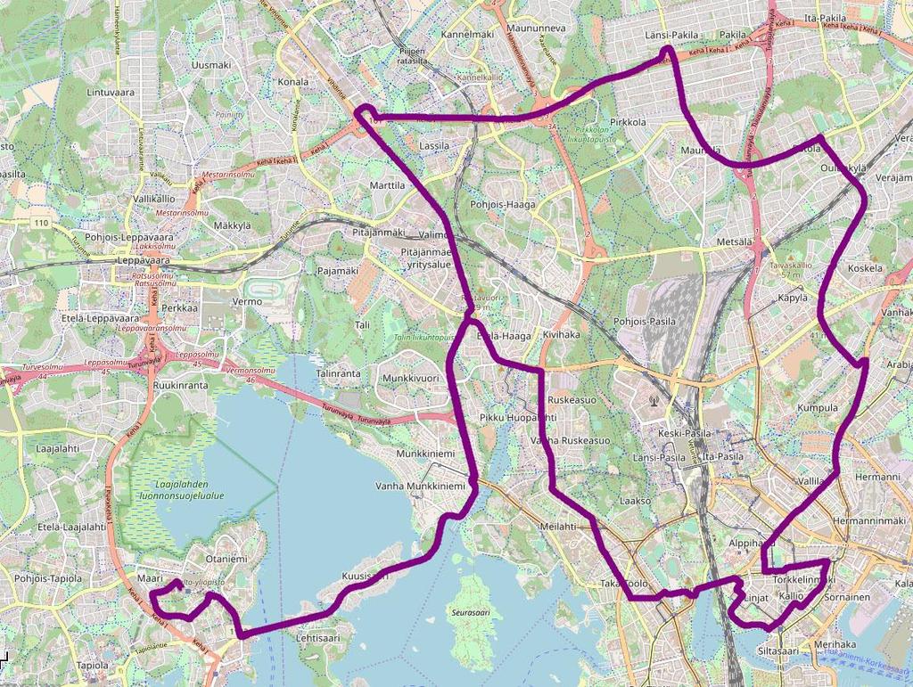 täyttävä reitti (noin 33 % kaupunki, maantie ja