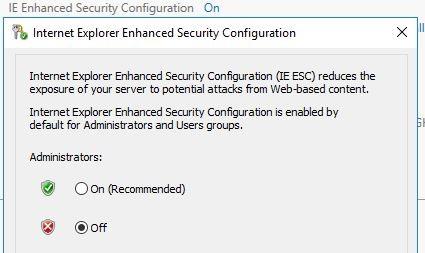 Local Server osiosta kannattaa ottaa Internet Explorer Enhanced Security Configuration -asetus pois käytöstä.