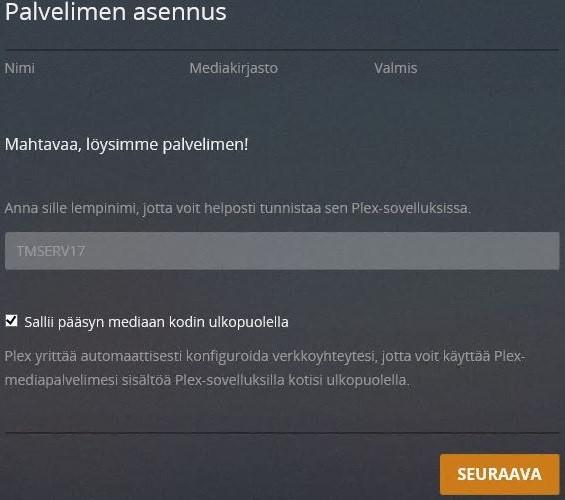 Plex Media Serverin konfigurointi aloitetaan valitsemalla palvelimelle nimi (Kuva 14.), joka näkyy Plex-sovelluksissa.