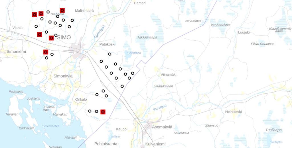 Simo Ii tuulivoimapuistot 44 (58) Kuva 27. Simon ja Iin alueelta vuosina 2014 2017 löydettyjen tuulivoimaloihin törmänneiden lintujen löytöpaikat (punainen neliö). 6 NATURA-ALUEIDEN TARKKAILU 6.