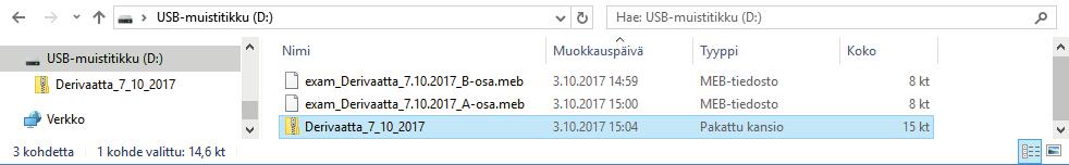 Siirrä seuraavaksi meb-muotoiset koetiedostot muistitikulle Klikkaa muistitikun sisältö auki ja pakkaa meb-tiedostot (kokeet) yhdeksi zip-tiedostoksi.